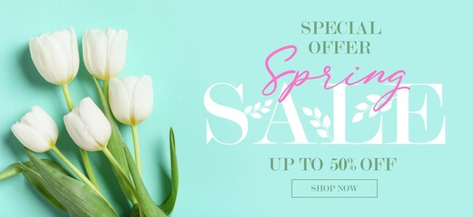  Banner for Spring Sale with white tulip flowers