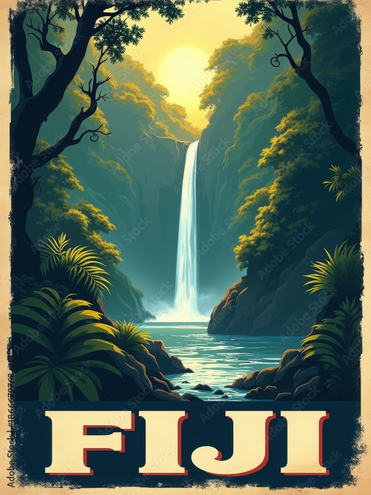 A waterfall cascades down rocky cliffs in Fiji. Lush green trees and plants surround the water, reflecting sunlight. The scene shows a serene landscape with vibrant nature.