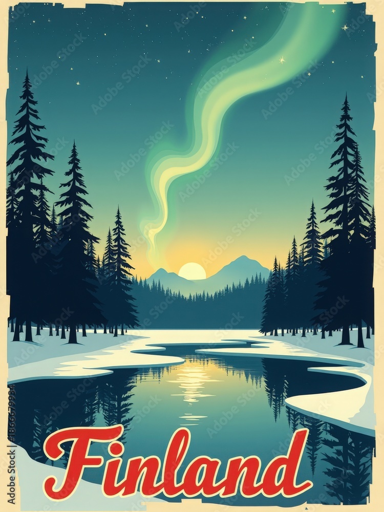 The scene shows the northern lights glowing in the sky above a calm river. Tall trees line the banks, and mountains are visible in the background. The sun is setting.