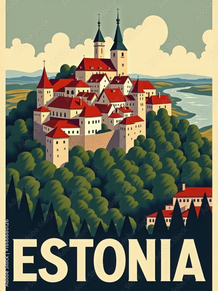A large castle sits on a hilltop in Estonia. It features tall towers and a variety of roofs. Green trees and an open landscape surround the structure. A river flows in the background.
