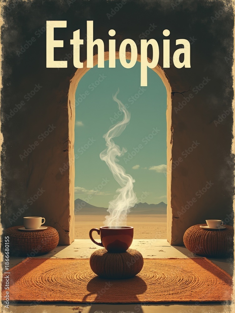Inside a simple structure in Ethiopia, a cup sits on a woven mat with steam rising. Two empty cups are in view near an open doorway that shows a desert landscape under a blue sky.