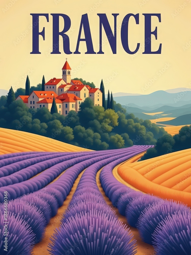 Lavender fields stretch across the landscape in France. A small village with buildings sits atop a hill. The sun shines down on the colorful fields and hills in the background.
