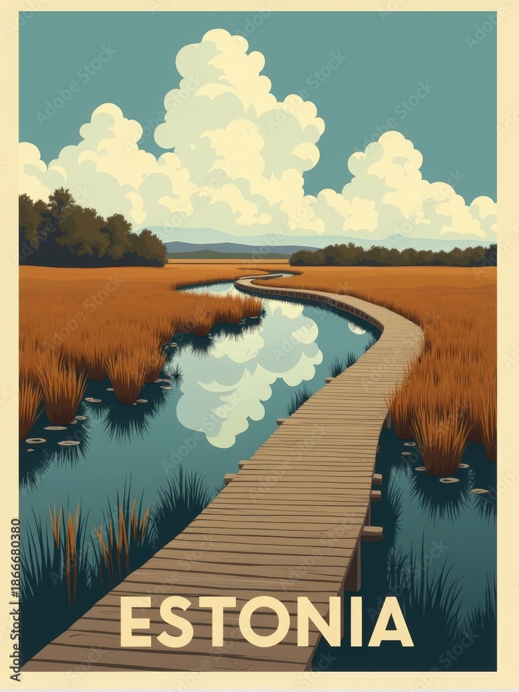 A long wooden pathway that curves through a marshy area in Estonia. The pathway leads to water with clouds reflecting on the surface. Tall grass surrounds the path.