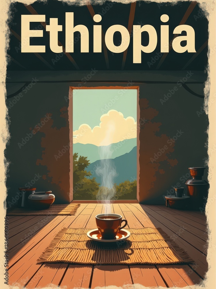 A view of a room in Ethiopia shows a cup of coffee on a woven mat. Sunlight shines through a doorway, highlighting the landscape outside. Steam rises from the cup, suggesting warmth and comfort.