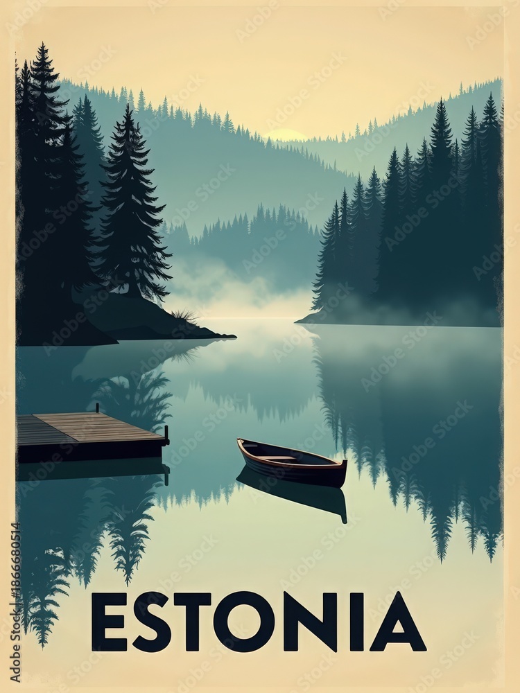 A calm lake is surrounded by tall trees with a boat floating quietly. The morning light reflects on the water surface, creating a serene view. Mist hovers over the lake, adding to the scene.