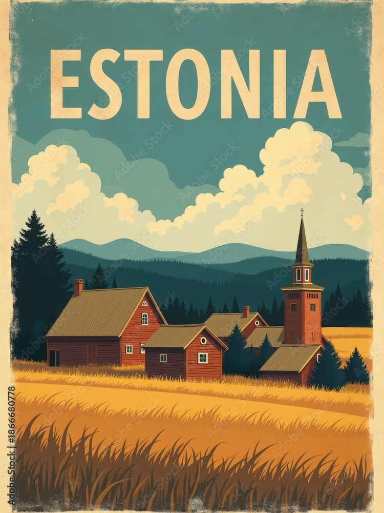 A village in Estonia surrounded by fields. Red wooden houses are present along with a tall church tower. Mountains and clouds are visible in the background.