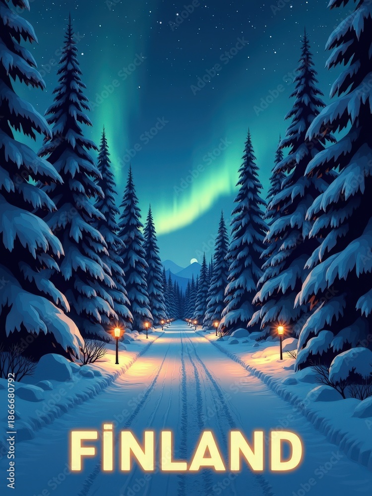 A snowy pathway is surrounded by tall trees in Finland. The sky has bright northern lights and stars above. Street lamps line the path, creating a warm glow against the cold.