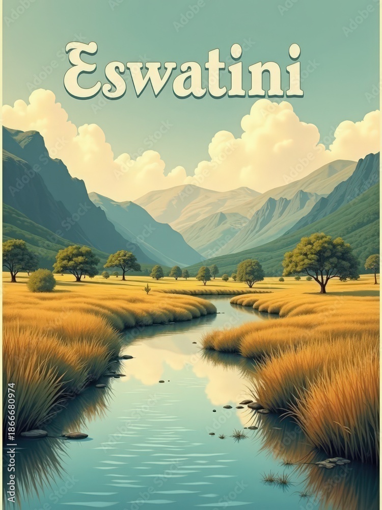 The scene shows a river flowing through tall grass with mountains in the background. Trees line the waters edge under a bright sky with fluffy clouds. The landscape represents Eswatini.