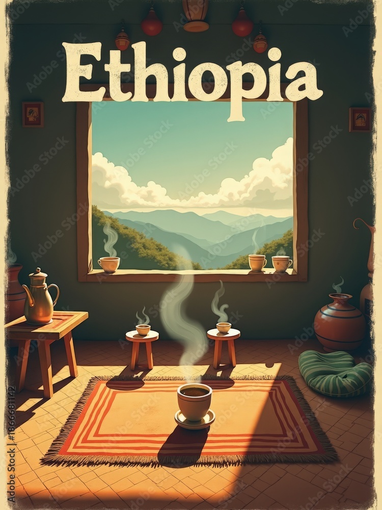 A traditional Ethiopian coffee ceremony taking place indoors. Several coffee cups sit on a table with smoke rising from them. The backdrop features mountains and clouds.