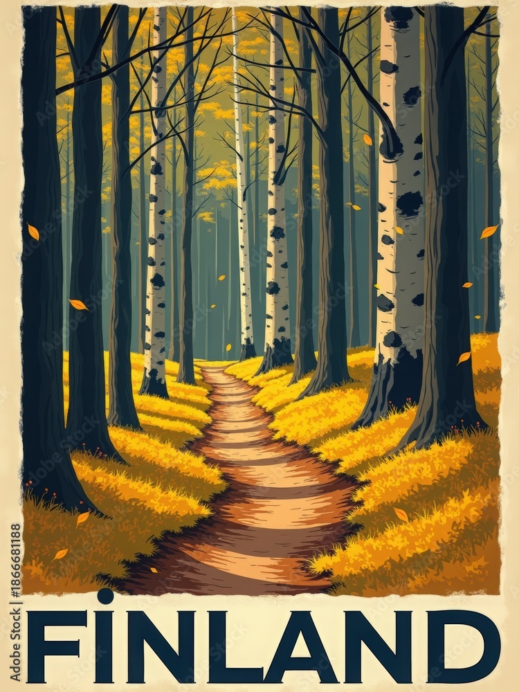 A narrow path winds through a forest in Finland. Tall trees surround the path, their trunks standing straight. Yellow leaves cover the ground, highlighting the season.