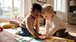 © Jian - Two diverse children building puzzle together on floor heads close laughing joyfully, togetherness cooperation bonding team friendship concept