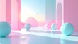 © PandaUniverse - geometric shapes floating in white minimalist space, soft shadows,
