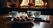© AN Pixora - Ramadan iftar setting with dates and tea on the table, warm lighting, cozy atmosphehre, blurred background