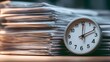 © Shadats Zone - Close-up of a clock next to a stack of papers representing business deadlines and office work