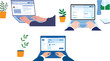 © MDRONI - Hands typing on laptop keyboard with web browser interface and office plants set in flat vector illustration style
