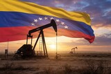 Oil pump jack silhouette against sunset sky with large national flag of venezuela waving