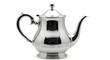 © Huzaifa - Elegant highly polished silver metal teapot with ornate handle and detailed engraved floral band isolated on a clean white background for luxury service