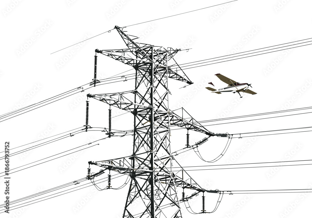 Collection of high voltage power pylon silhouettes, industrial electrical transformers, urban wire icons, and technical worker engineering design elements bundle