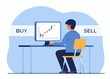 © Rupa - A man analyzing stock market data on a computer considering buy and sell options
