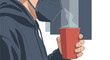 © ary - An illustration of a person wearing a protective face mask, holding a steaming hot beverage in a red cup, symbolizing comfort and safety.