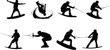 © MdShahadot - Wakeboarding silhouette vector set, black water sport poses, extreme action, rider tricks, tow rope stunts, dynamic movement, aquatic adventure, graphic artWakeboarding