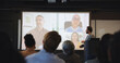 © Flash25/peopleimages.com - Video call, audience and speaker with presentation, business conference and seminar event. Workshop screen, training and webinar summit with people, sales education and crowd for career development