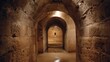 © Evi - spinor. A narrow stone corridor leading to a vaulted storage room with soft interior light. real-estate listings.
