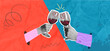 © ArtEternal - A trendy halftone pop art collage. A man and woman holding glasses of red wine. Young people in love against an orange and blue background. Celebration concept.