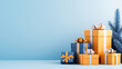 © Vilaysack - Blue and gold gift boxes with ribbon stacked beside small frosted pine branch on pale blue background, festive holiday composition conveying celebration and elegant seasonal cheer