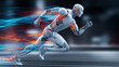 © Curioso.Photography - High-speed humanoid robot running with blazing energy trails symbolizing the rapid acceleration and explosive growth of artificial intelligence.