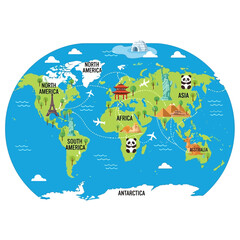  Global Travel Map with Landmarks and Animals: Continents, Flights, Icons