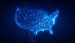 © Studio - Glowing digital map of the United States with blue network nodes and lines on dark night sky background.