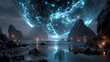 © Qaqas - 3D rendering retro futuristic background. Virtual space on the background of stars and rocks. The background is perfect for any thematic presentation or your own graphic project