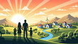 © KHAN - Family silhouette overlooking sustainable village with solar panels and wind turbine at sunrise concept of eco-friendly living and renew