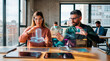 © Rendara Studio - Two analysts manipulating holographic data panels and 3D building models at a shared desk