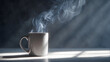 © Putra - A hyper-realistic close-up of a white ceramic coffee mug Wisps of translucent steam gracefully rise from the hot dark coffee