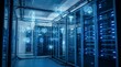 © Marina Shvedak - Server room with medical data visualization. Digital healthcare technology and information for advanced medical research and diagnosis.