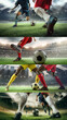 © master1305 - Soccer action collage with 4 players kicking ball on stadium field. Concept of football competition, match intensity, teamwork, sports advertising, tournament visuals, and dynamic gameplay content.