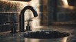 © Руслан Хайруллин - Faucet and sink on black marble surface in modern bathroom with warm light and sleek design features