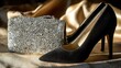© jemb - Elegant black stiletto heels rest beside a shimmering rhinestone evening clutch on soft fabric
