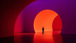 © Lustre Art Group  - Minimalist mixed media with human figure inside abstract color tunnel. Concept of modern exhibition design, immersive installation, creative spaces, contemporary art venues and visual storytelling.