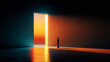 © Lustre Art Group  - Surreal artwork with man standing before glowing open doorway. Concept of opportunity, life change, courage at turning point, strategic choice, personal growth and business decision making visuals.