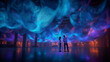 © Lustre Art Group  - Immersive artwork with couple exploring glowing digital cloud installation. Concept of interactive technology, emotional experience, future media art, innovation presentation, experiential marketing.