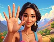 © Hah - Portrait of a young woman smiling and holding up a hand, mountains and sky in the background