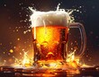© Gup - Beer mug with a bubbly, frothy splash against a dark, blurred background, highlighted by bright golden light