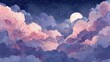 © Muhammad Hammad Zia - Dreamy watercolor painting of night sky with full moon, stars, and dramatic pink and purple celestial clouds
