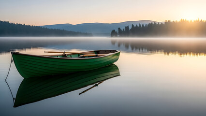  A serene green rowboat floats on a misty, calm lake at sunrise, with reflections of the boat and distant forested hills.