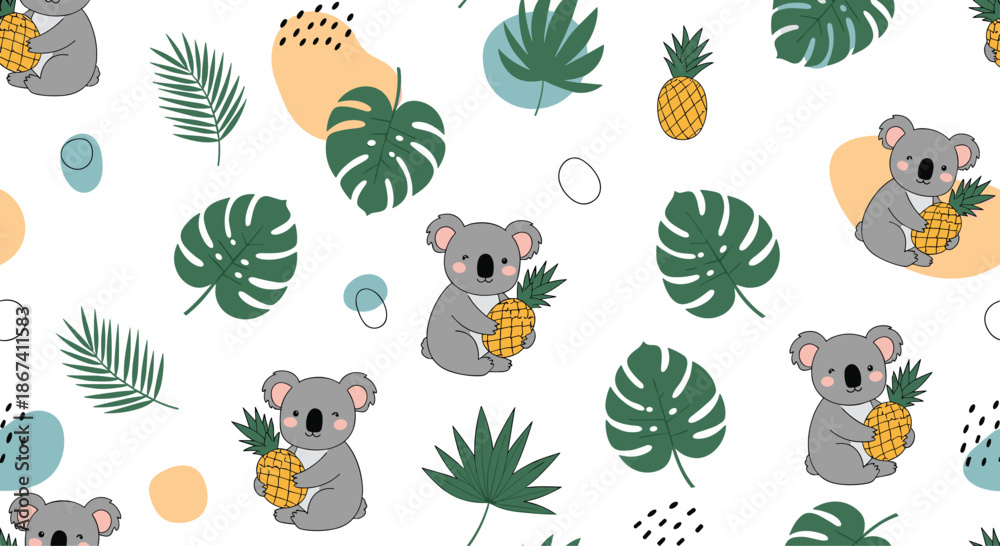 Adorable seamless pattern with cute koalas holding pineapples among ...