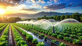 Irrigation system watering a farm field at sunset with mountains.
