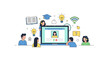 © Arby - Online education concept with people, book, lightbulb, graduation cap, and computer screen in a flat vector illustration with a white background.